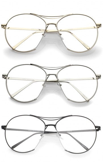 Oversize Semi-Rimless Brow Bar Round Clear Flat Lens Aviator Eyeglasses 59mm