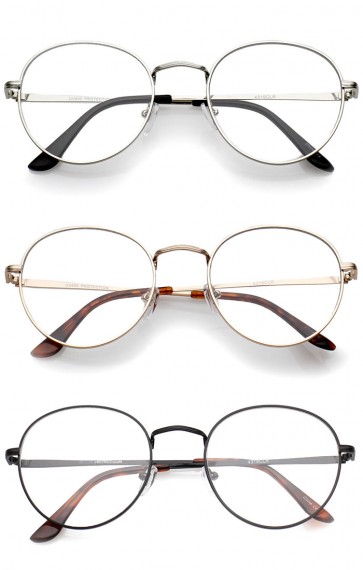 Classic Slim Metal Frame Clear Flat Lens Round Eyeglasses 52mm