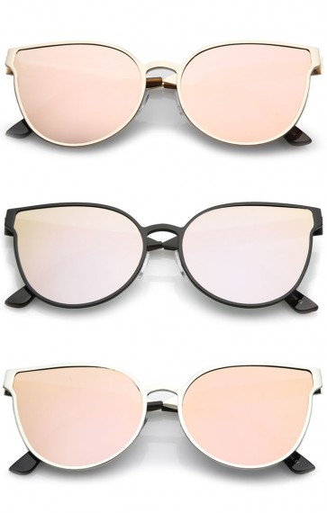 Women's Metal Textured Arm Pink Mirrored Flat Lens Cat Eye Sunglasses 57mm