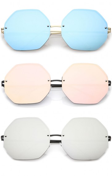 Women's Geometric Octagon Slim Arms Colored Mirrored Oversize Sunglasses 70mm