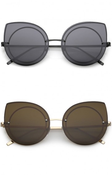 Oversize Rimless Slim Arms Neutral Color Flat Lens Cat Eye Sunglasses 64mm