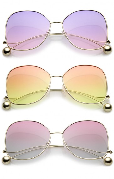 Women's Thin Metal Arms Ball Accent Color Gradient Flat Lens Oversize Butterfly Sunglasses 63mm