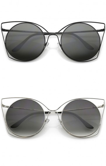 Women's Oversize Open Metal Frame Round Flat Lens Cat Eye Sunglasses 51mm