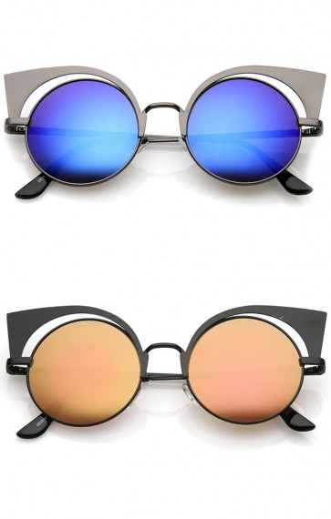 Women's Metal Frame Cutout Colored Mirror Flat Lens Round Cat Eye Sunglasses 49mm