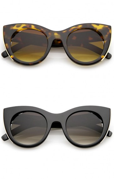 Women's Oversize Metal Trim Cutout Round Flat Lens Cat Eye Sunglasses 48mm