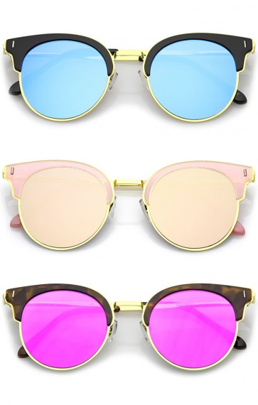 Modern Half Frame Round Colored Mirror Flat Lens Horn Rimmed Sunglasses 49mm