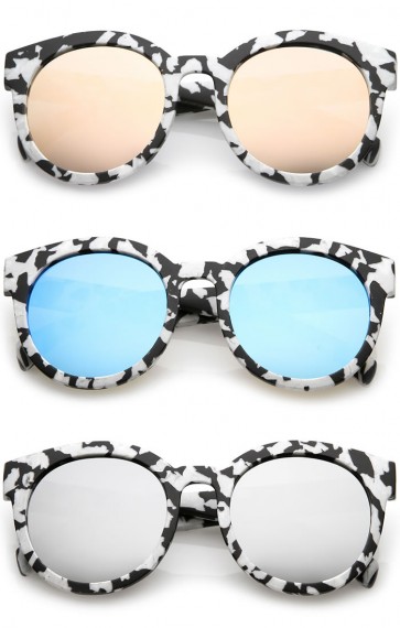 Women's Matte Horn Rimmed Marble Print Flat Lens Round Sunglasses 54mm
