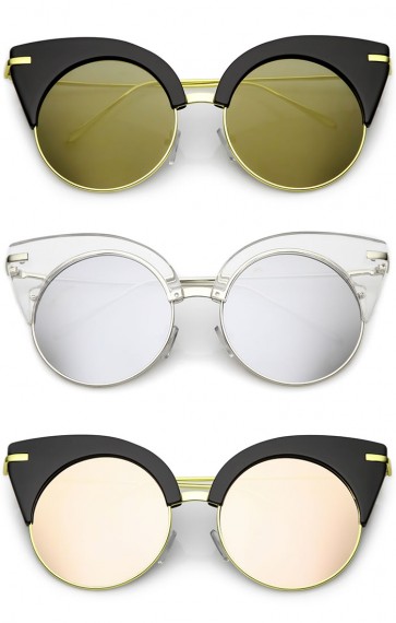 Oversize Half Frame Ultra Slim Arms Round Mirrored Flat Lens Cat Eye Sunglasses 54mm