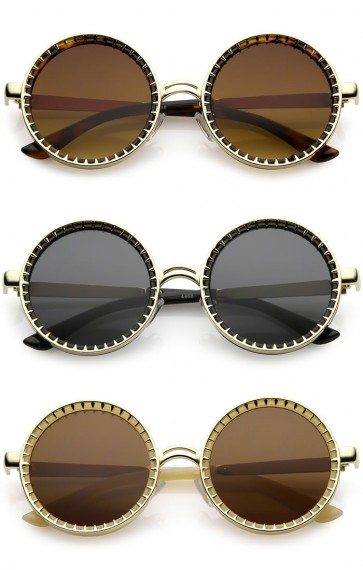 Steampunk Metal Spike Frame Flat Lens Round Sunglasses 50mm