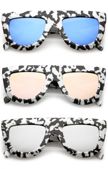 Oversize Chunky Matte Marble Print Wide Arms Flat Lens Flat Top Sunglasses 51mm