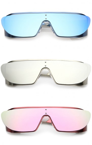 Futuristic Oversize Metal Cutout Rubberized Arm Insert Mirrored Shield Sunglasses 64mm