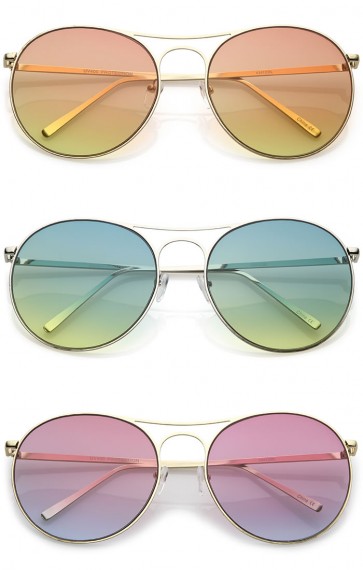 Oversize Metal Double Nose Bridge Round Gradient Flat Lens Aviator Sunglasses 65mm