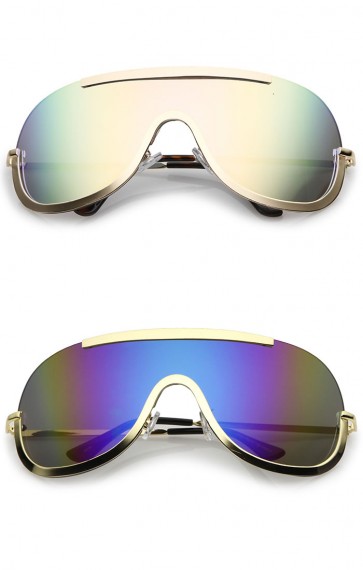 Oversize Semi Rimless Metal Trim Mirrored Mono Lens Shield Sunglasses 78mm