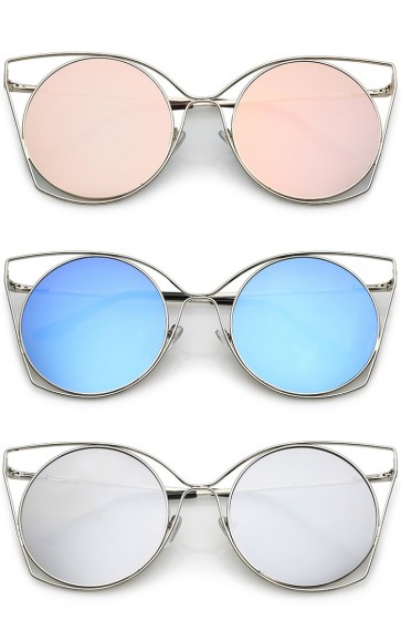 Oversize Slim Metal Cutout Flat Mirrored Round Lens Cat Eye Sunglasses 58mm