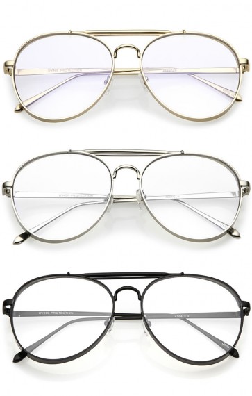 Oversize Metal Side Cover Triple Crossbar Clear Flat Lens Aviator Glasses 60mm