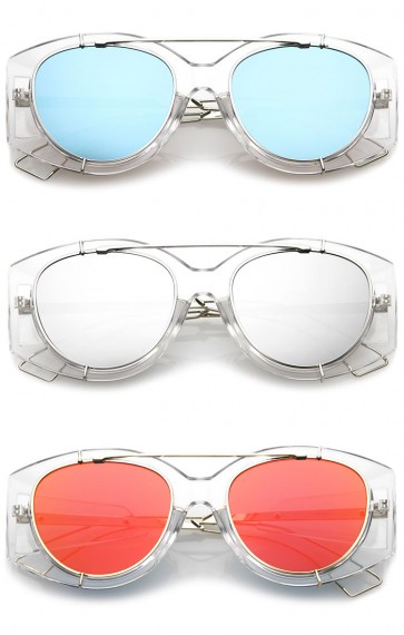 Futuristic Translucent Wire Metal Arms Crossbar Mirrored Flat Lens Oversize Sunglasses 53mm