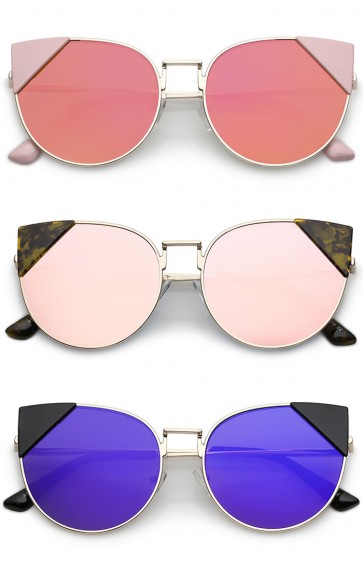 Women's Corner Tip Accent Metal Mirrored Round Flat Lens Cat Eye Sunglasses 56mm