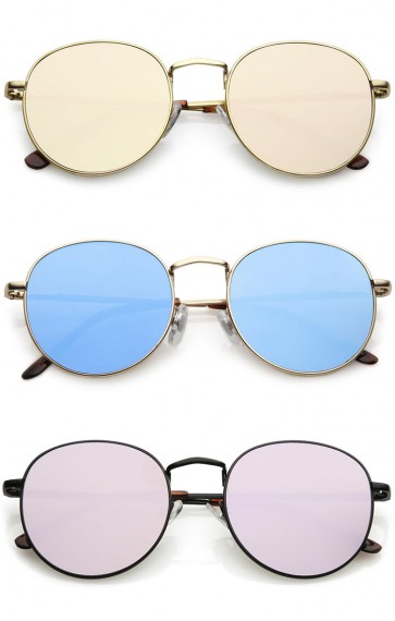 Classic Full Metal Frame Round Sunglasses With Color Mirrored Flat Lens 50mm