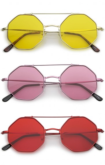 Modern Ultra Slim Metal Crossbar Colored Flat Lens Octagon Sunglasses 52mm