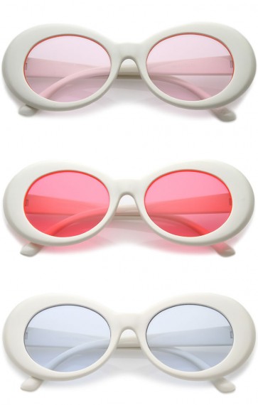 Retro Tapered Arms Colored Round Lens White Oval Sunglasses 51mm