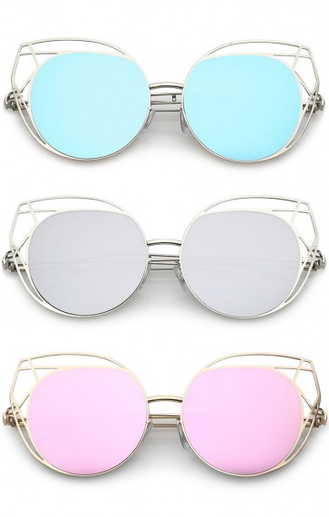 Geometric Cutout Thin Metal Frame Round Mirrored Flat Lens Cat Eye Sunglasses 53mm