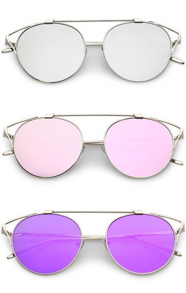 Modern Cutout Metal Crossbar Round Mirrored Flat Lens Cat Eye Sunglasses 55mm