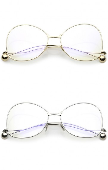 Women's Thin Metal Arms Ball Accent Blue Light Filter Clear Lens Oversize Butterfly Glasses 58mm
