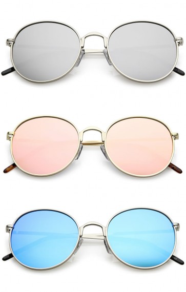 Classic Metal Frame Thin Arms Colored Mirror Round Flat Lens Sunglasses 52mm