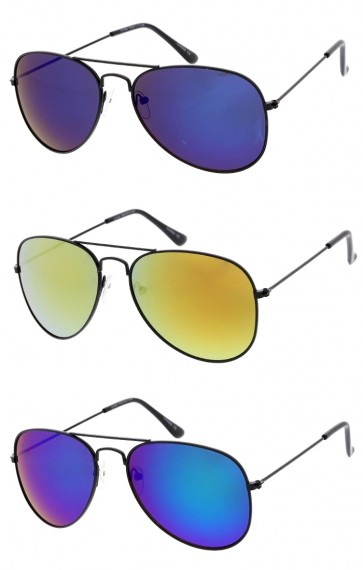 Sophisticated Classic Black Aviator Thin Metal Frame Mirrored Lens Wholesale Sunglasses