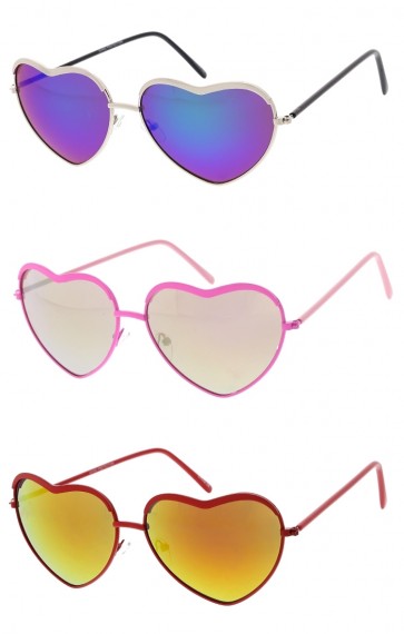 Womens Simple Thin Heart Mirrored Lens Metal Frame Wholesale Sunglasses