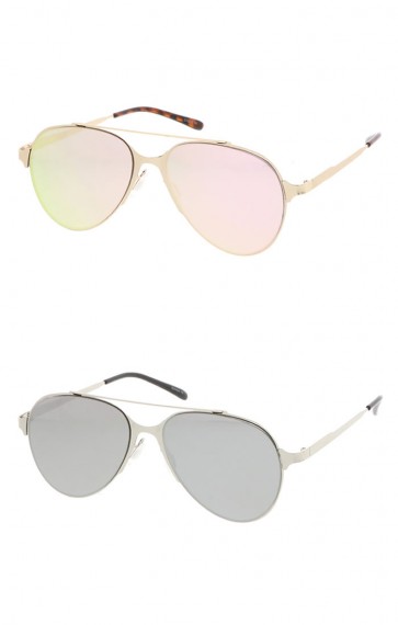 Ultra Sleek Straight Metal Crossbar Color Mirrored Flat Lens Aviator Wholesale Sunglasses