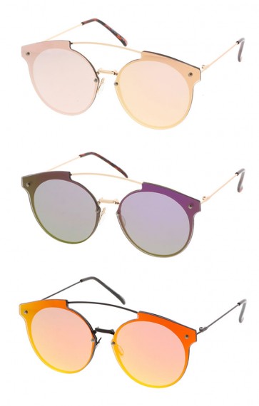 Women's Metal Round Rimless Flat Frame w/ Spectrum Color Mirror Lens Wholesale Sunglasses