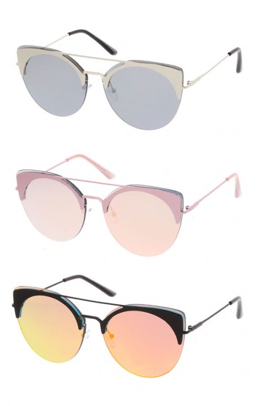 Oversize Rimless Double Crossbar Round Mirrored Flat Lens Cat Eye  Wholesale Sunglasses