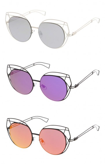 Women's Oversize Round Laser Cut Mirror Lens Cat Eye Wholesale Sunglasses