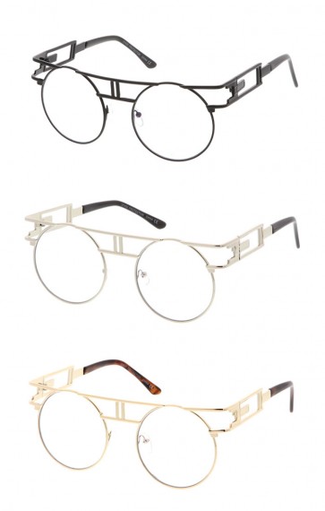 Retro Round Clear Metal Steampunk Flat Lens Wholesale Sunglasses