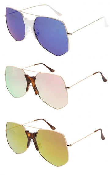 Wholesale Oversized Metal Squared Aviator Mirrored Lens Sunglasses