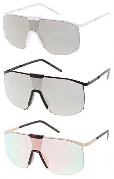 Oversize Simi Rimless Metal Trim Mirrored Mono Lens Shield Wholesale Sunglasses