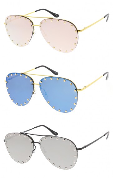 Studded Mirror Aviators Womens Wholesale Sunglasses