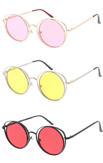 Metal Round Cat eye Solid Color Lens Womens Wholesale Sunglasses