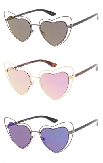 Double Metal Heart Oversized Wholesale Sunglasses (Mirrored Lens)