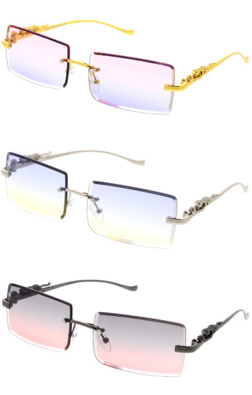 Feline Animal Temple Design Rimless Square Wholesale Sunglasses