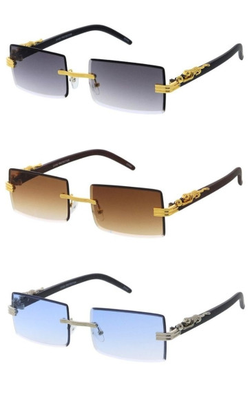 Luxe Square Feline Decorated Rimless Wholesale Sunglasses