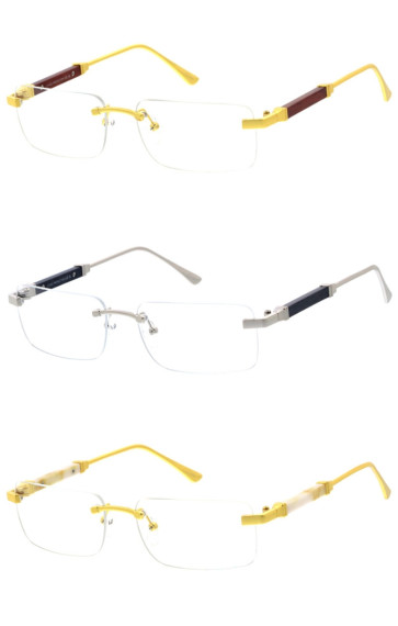 Luxe Metal Large Faux Wood Clear Lens Rimless Hexagon Geometric Wholesale Glasses