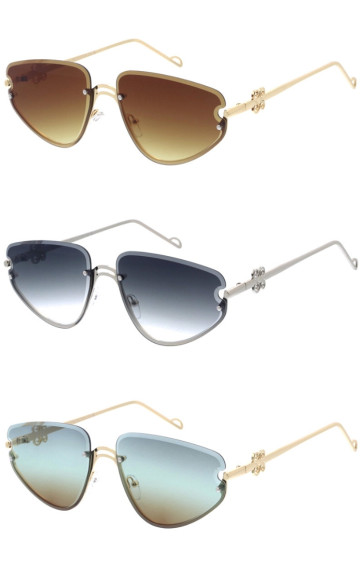 Metal Arm Detail Rimless Semi Back Frame Bevelled Aviator Style Geometric Wholesale Sunglasses