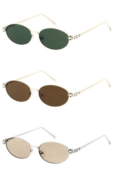 Luxe Feline Fashion Metal Jaguar Spotted Leopard Temple Detail Oval Round Wholesale Sunglasses