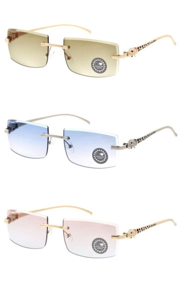 Rimless Bevelled Gradient Transition Lens Spotted Feline Leopard Arm Accent Square Wholesale Sunglasses