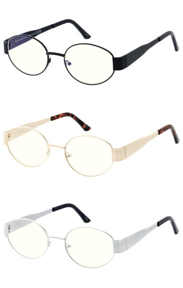 Sleek Metal Frame Flat Tapered Arm Clear Lens Oval Round Blue Light Filter Wholesale Sunglasses