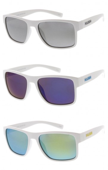 KUSH Classic Color Logo Accent Mirrored Lens White Horn Rimmed Wholesale Sunglasses 55mm