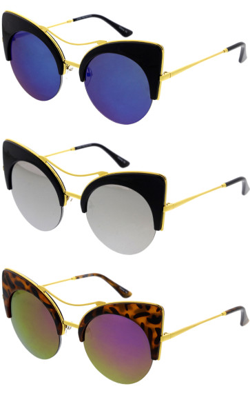 Oversized Browline Mirrored Lens Metal Cat Eye Sunglasses 52mm