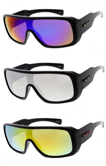 Men's KUSH Flat Top Goggle Mirrored Shield Lens Wide Arm Wholesale Sunglasses